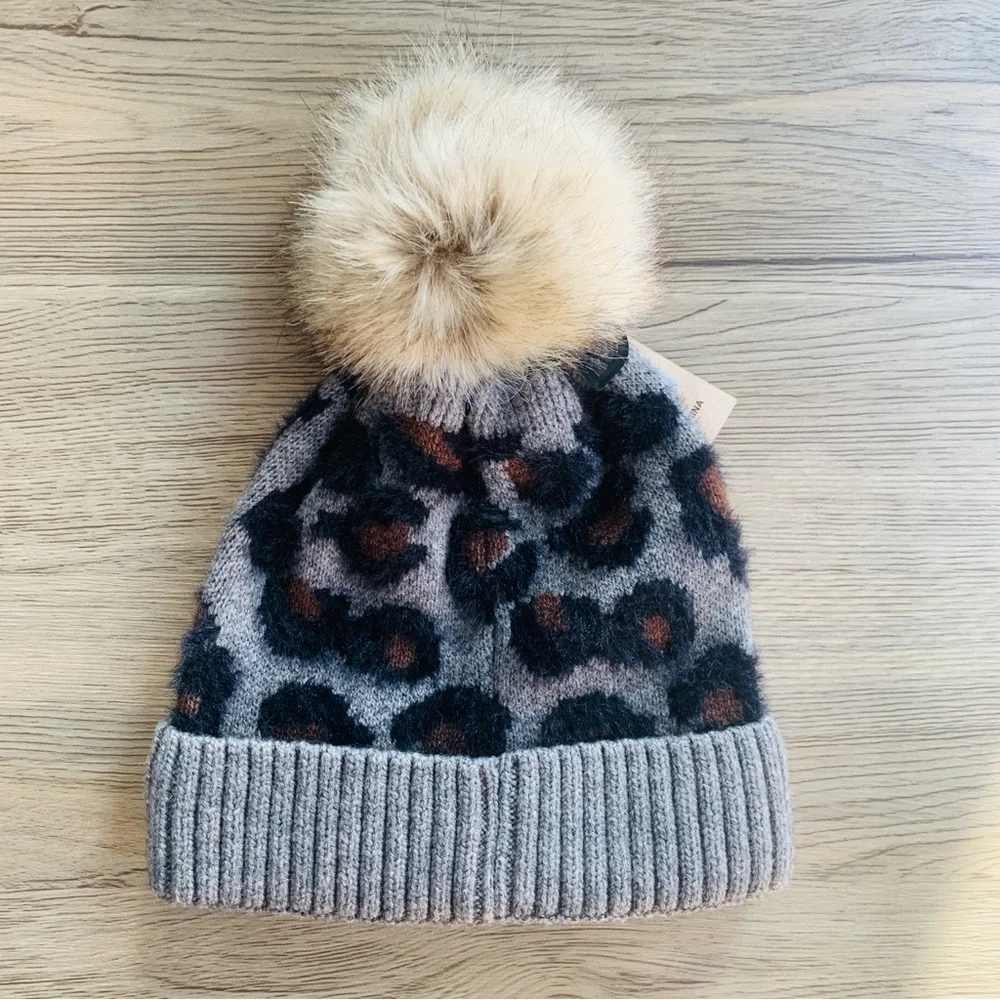C.C. Kids Gray Brown Black Faux Fur Pom Pom Soft Knit Beanie | NWT